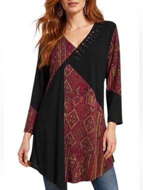 Parsley & Sage Black Multicolour Print Asymmetrical Tunic Top XL Minor Flaws